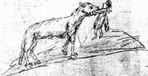 Loup dévorant un enfant dans le Velay. Dessin de Jean Burel, bourgeois du Puy, dans son 'Journal' (1589)