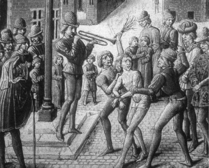 Crieur public avec sa sacqueboute, annonçant l’exécution d'un châtiment public. Enluminure des Chroniques de Froissart, livre III (1468)