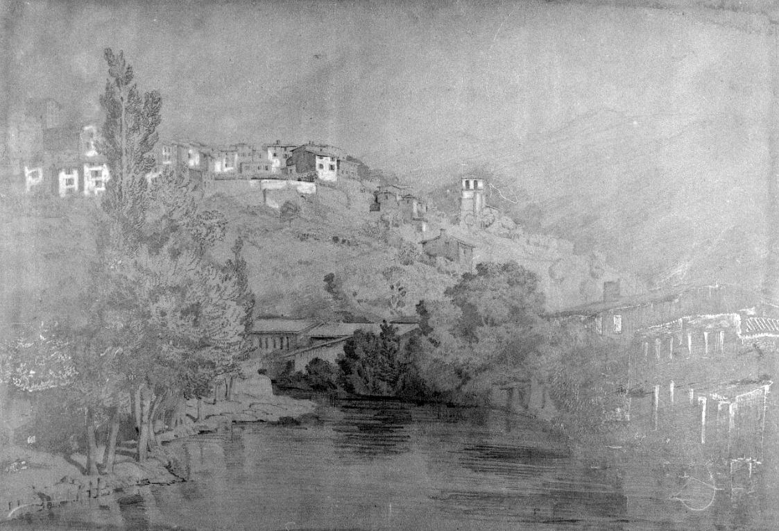 [Thiers - Vue de la ville haute depuis la Vallée de la Durolle. Dessin au crayon, XIXe s. Musée de la Coutellerie de Thiers]