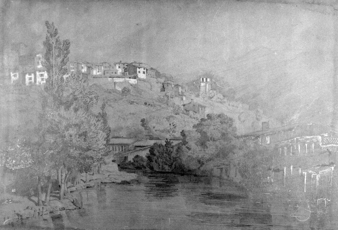 [Thiers - Vue de la ville haute depuis la Vallée de la Durolle. Dessin au crayon, XIXe s. Musée de la Coutellerie de Thiers]